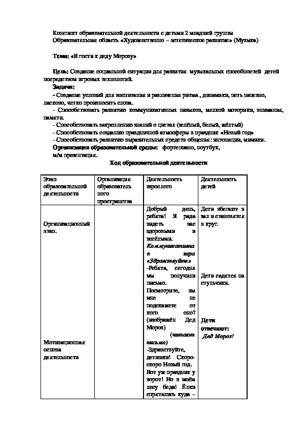 Конспект НОД "В гости к Деду Морозу"