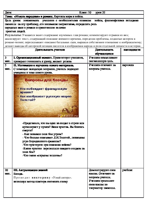 Русская литература 10 класс  «Мысль народная» в романе. Картины мира и войны.