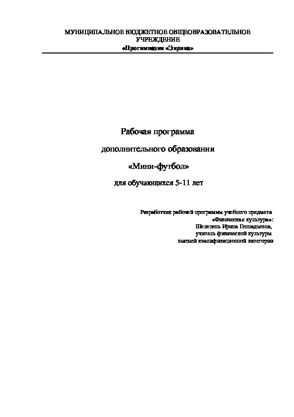 Рабочая программа дополнительного образования  «Мини-футбол»  для обучающихся 5-11 лет