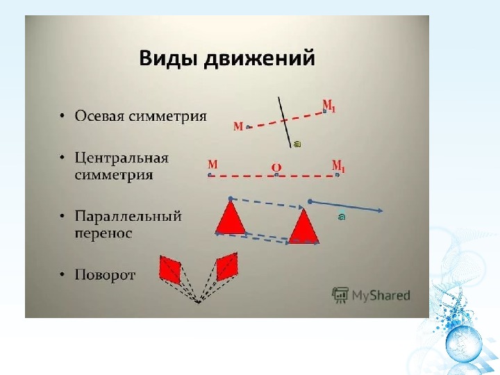 Двигаясь вид. Движение в геометрии. Движение в геометрии примеры. Осевая симметрия Центральная симметрия параллельный перенос поворот. Типы движения в геометрии.