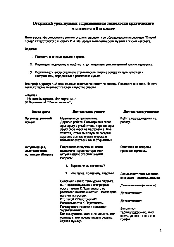Обложка для материала Урок музыки с применением технологии критического мышления в 5-м классе