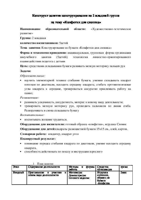 Конструкт занятия конструирования во 2 младшей группе на тему «Конфетки для слоника»