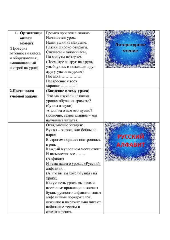 Урок по литературному чтению(обучение грамоте) 1 класс "Русский алфавит"